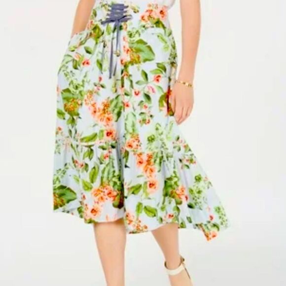 Tommy Hilfiger Blue Pinstripe Floral Print Waist Lace Up Ruffle Hem Midi Skirt - Picture 2 of 14